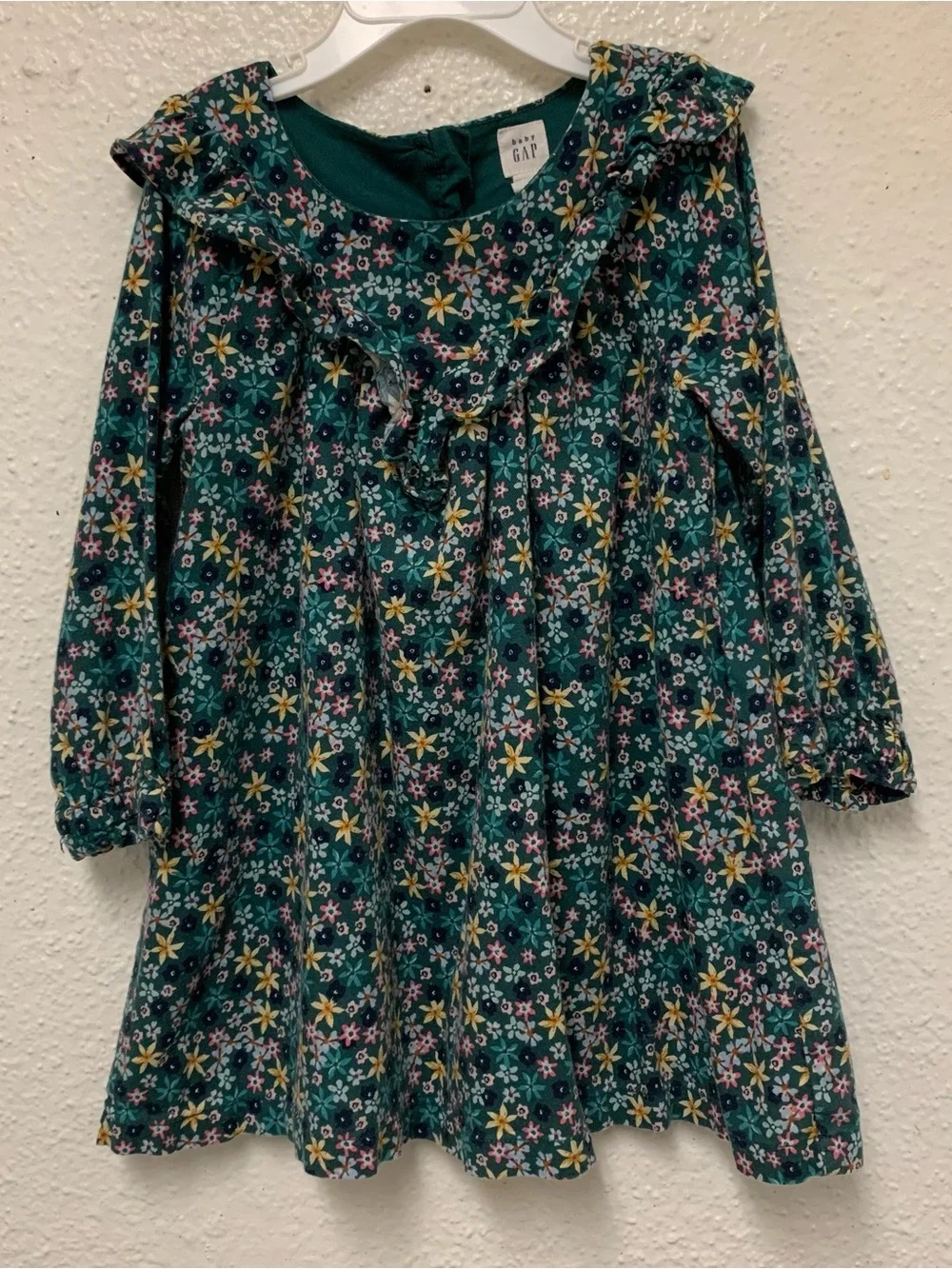 Baby Gap girl's Dress Sz 3 green Floral Print ruffled neckline Long Sleeve